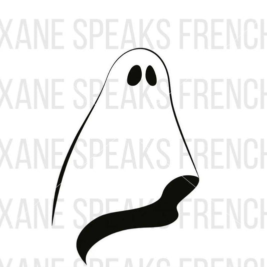 Minimalist ghost clipart outline with bold black eyes and flowing curves, perfect for Halloween decorations, crafts, and digital projects.