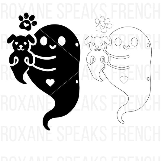 Adorable ghost holding a puppy with a paw print and heart, available in both outline and silhouette versions, perfect for Halloween-themed crafts and decorations.