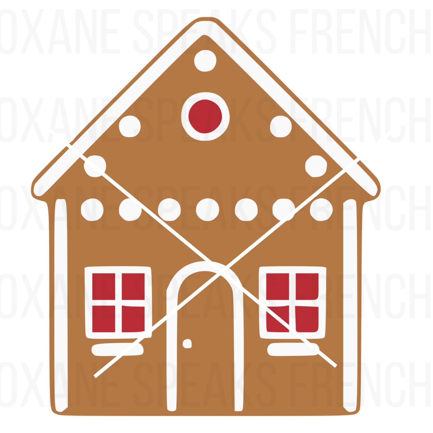 Whimsical gingerbread house illustration with red windows and frosting-like details, perfect for Christmas crafts, holiday decorations, and DIY projects