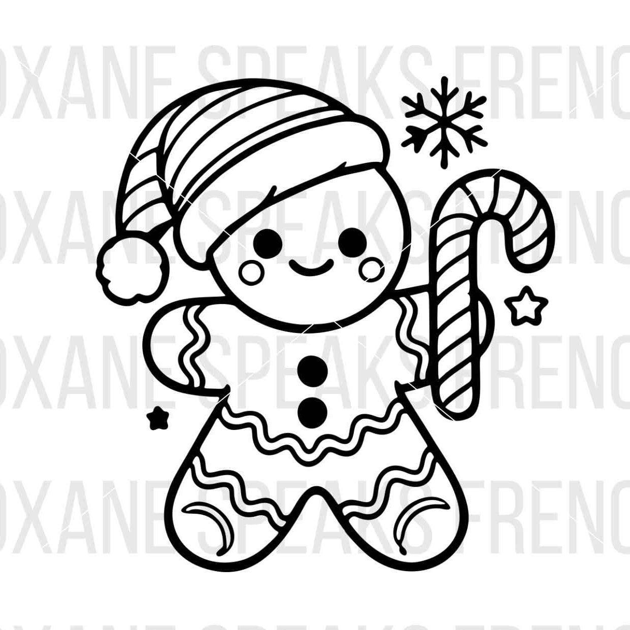 Gingerbread man with Santa hat and candy cane, SVG PNG design for Christmas crafting.