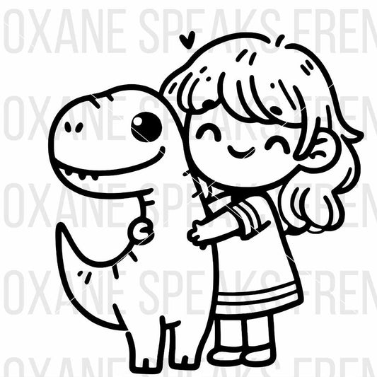 a cute cartoon little girl hugging a friendly dinausor outline