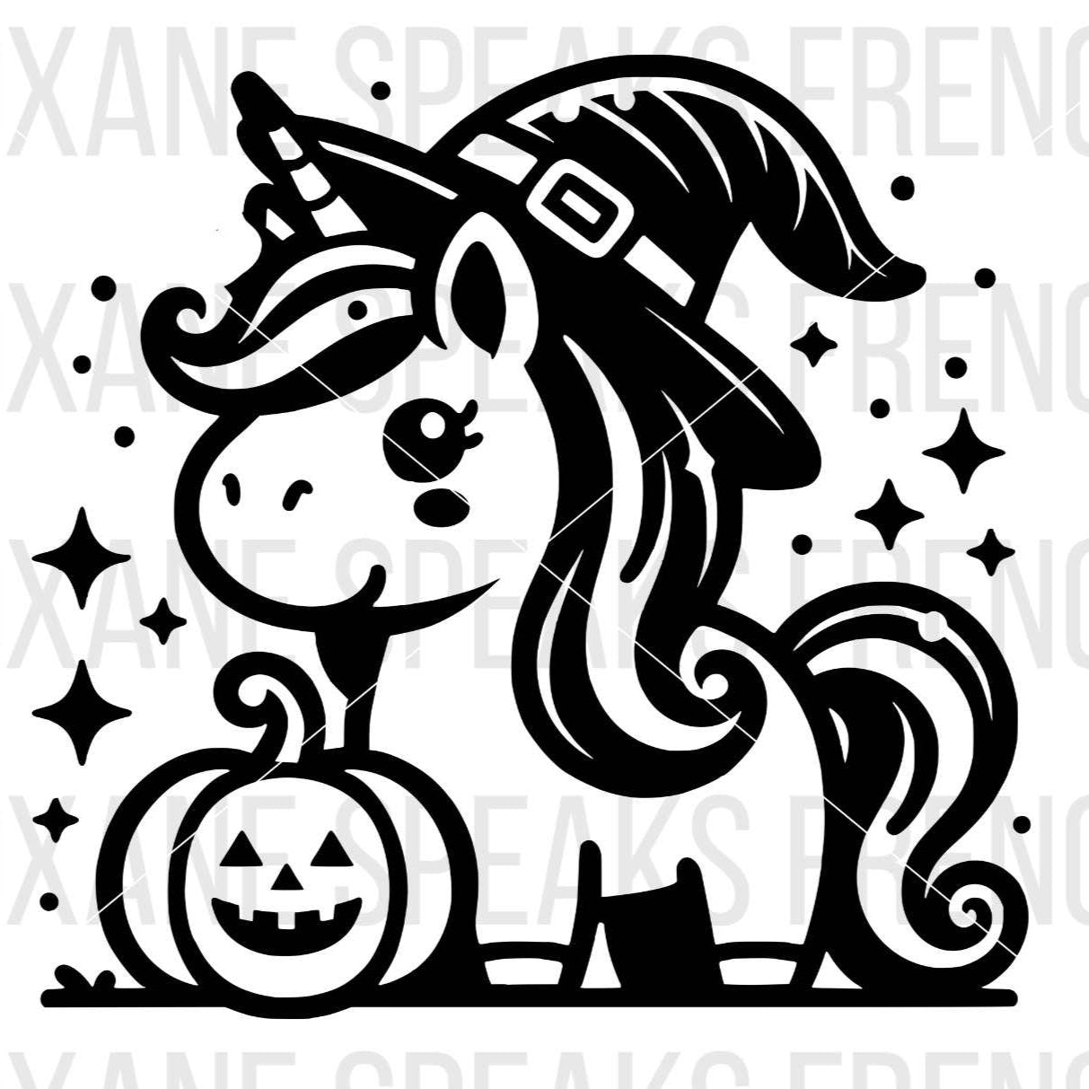 Halloween unicorn wearing witch hat illustration