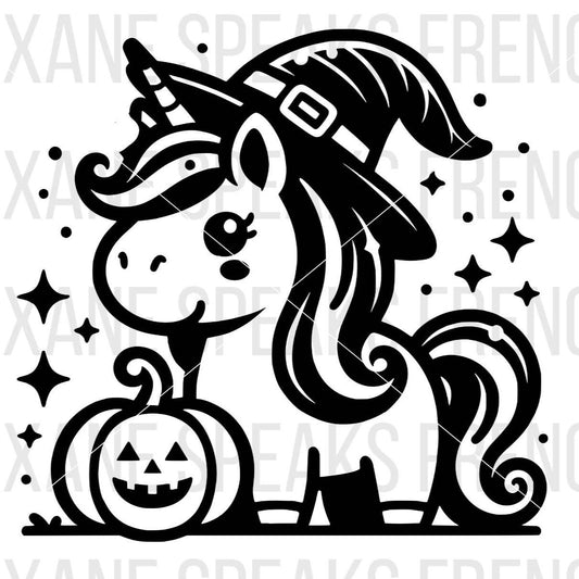 Halloween unicorn wearing witch hat illustration