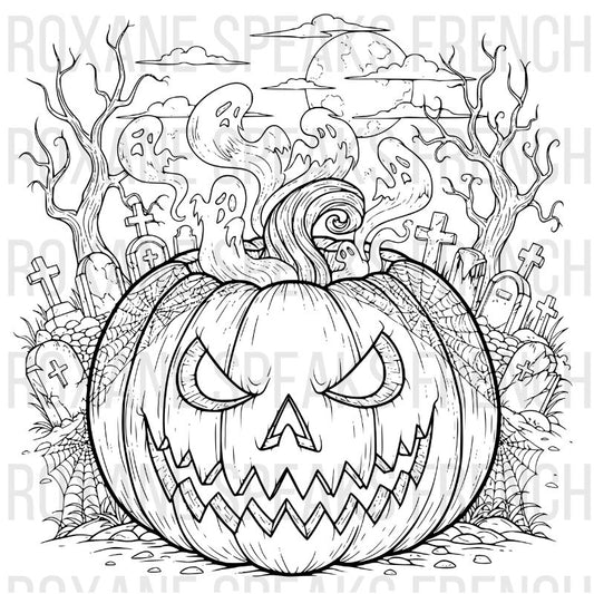Halloween coloring page for adults featuring detailed jack-o-lantern pumpkin with graveyard scene, bare trees, ghosts, gravestone, moon and spiderweb - printable line art design.