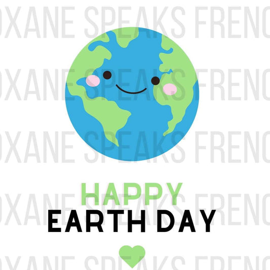 Adorable "Happy Earth Day" design featuring a smiling Earth with rosy cheeks and a green heart, available as a high-resolution PNG file.