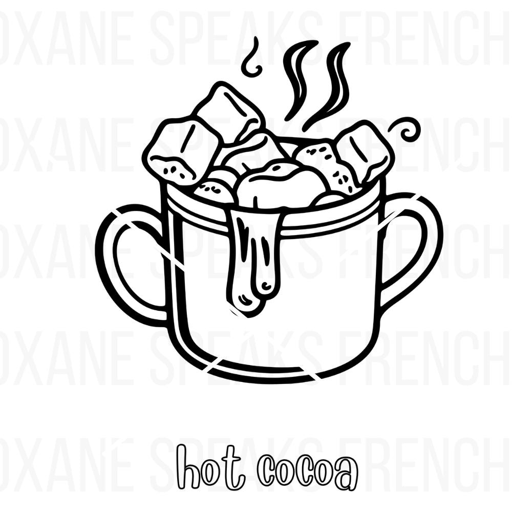 Black-and-white outline of a steaming mug of hot cocoa topped with marshmallows, designed as a fun and festive coloring page for kids and adults.