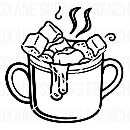 Hot Cocoa SVG with a steaming mug, marshmallows, and a hand-drawn outline style, perfect for crafting and holiday projects.