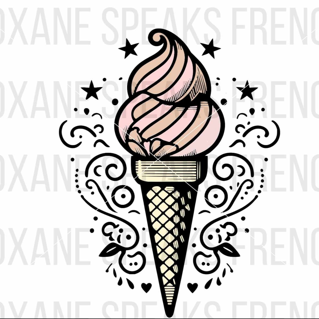 Colorful illustration of an ice cream cone with layered swirls and decorative elements around it, available in SVG and PNG formats.