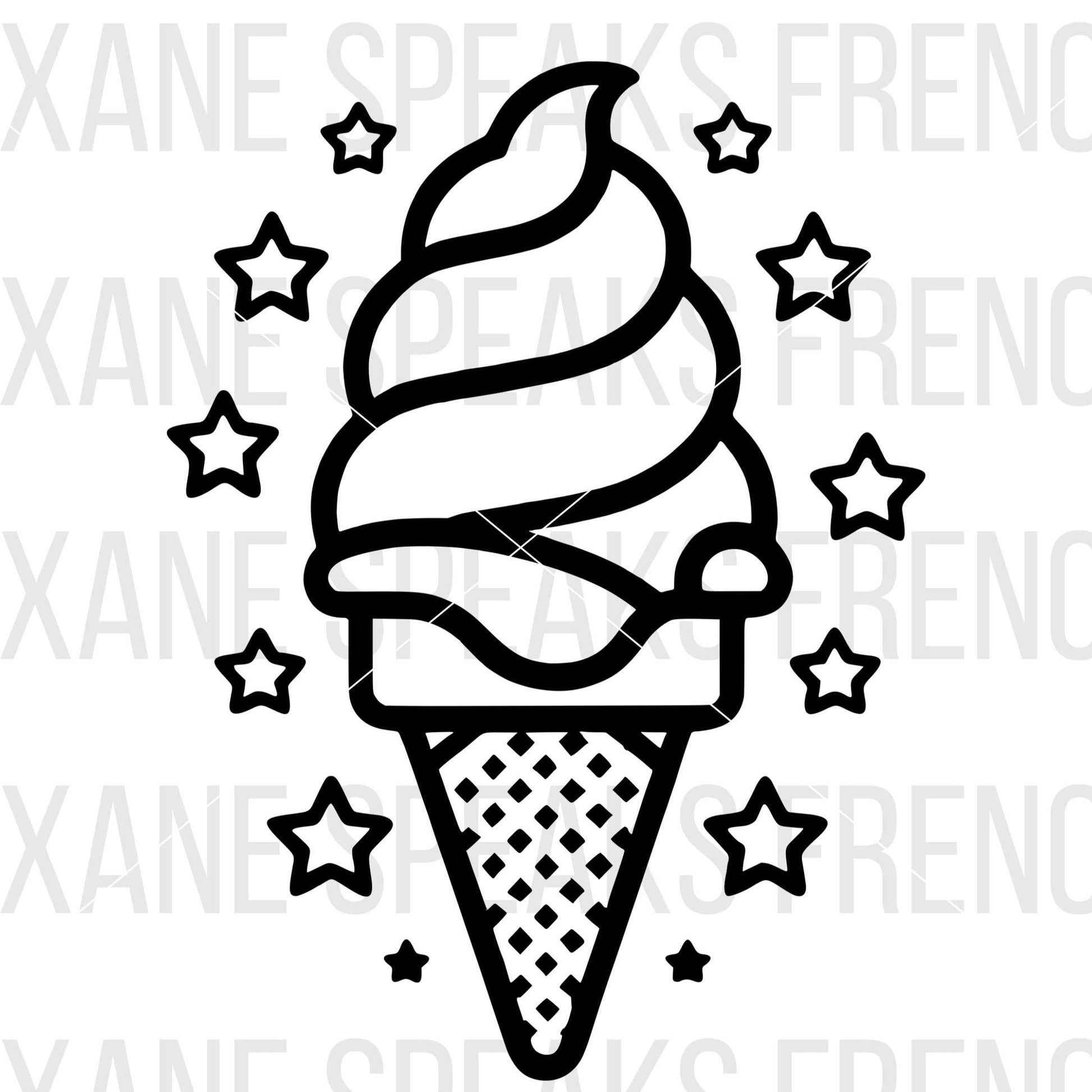 A black and white SVG of a swirled ice cream cone surrounded by stars, ideal for summer-themed crafts and decorations.