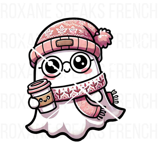 Adorable kawaii ghost dressed in a cozy pink beanie and scarf, holding a coffee cup, with rosy cheeks and glasses, perfect for winter and holiday-themed craft