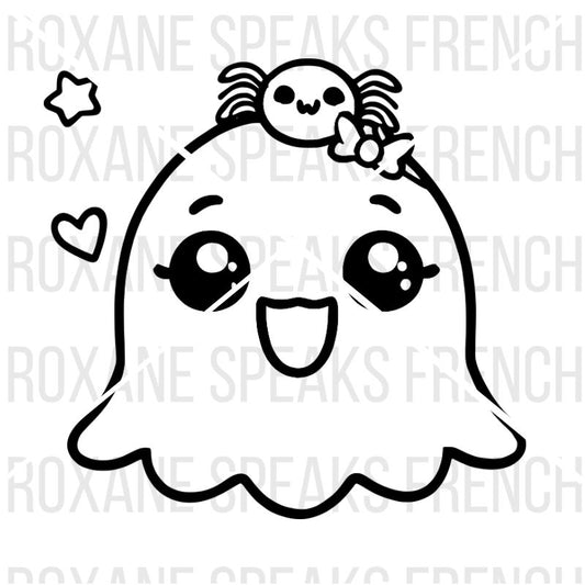 Kawaii ghost coloring page with a bow on a white background with 'Roxane Speaks French' text.