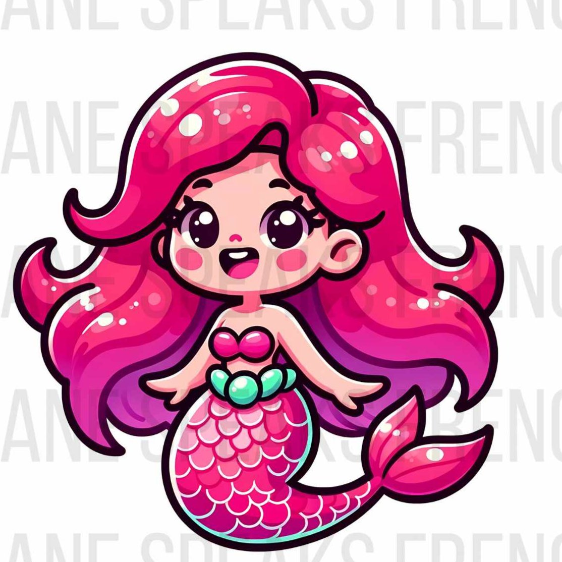 An adorable kawaii-style mermaid clipart featuring a mermaid with vibrant pink hair and a cheerful expression. The mermaid has a detailed design with sparkling scales on her tail and a charming seashell top. The image is labeled "PNG" at the bottom and features the watermark "ROXANE SPEAKS FRENCH" across the background.