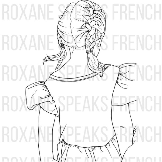 Girl with braids coloring page featuring a young girl with elaborate braided hairstyle and simple clothing - printable portrait line art design for all ages