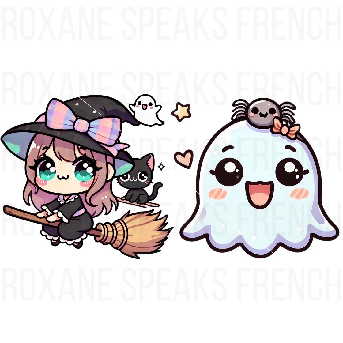  A cute Halloween-themed illustration featuring a kawaii-style witch with big, expressive eyes, riding a broomstick with a small black cat following behind. Next to her is a cheerful ghost with blush and a big smile, wearing a spider headband. 