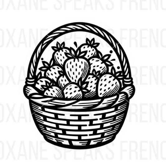 A black and white hand-drawn SVG illustration of a basket filled with fresh strawberries, featuring bold, clean outlines ideal for crafting and DIY projects.