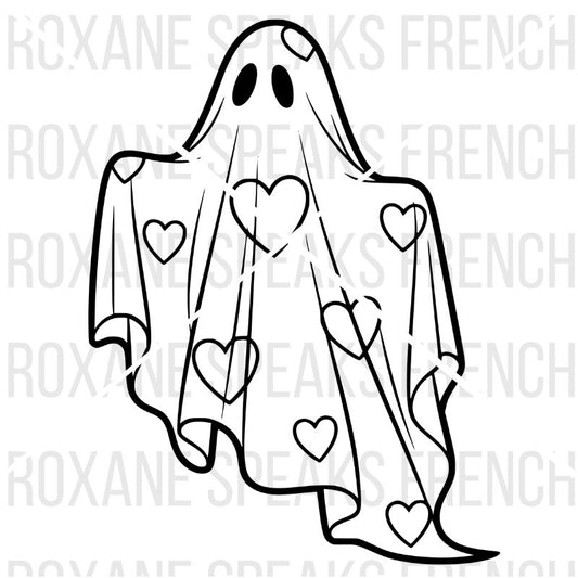 An elegant ghost covered in hearts coloring page