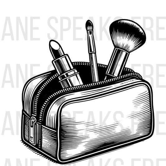 A vector-style image on a white background. It represents a black make up bag with two brushes and a lipstick.