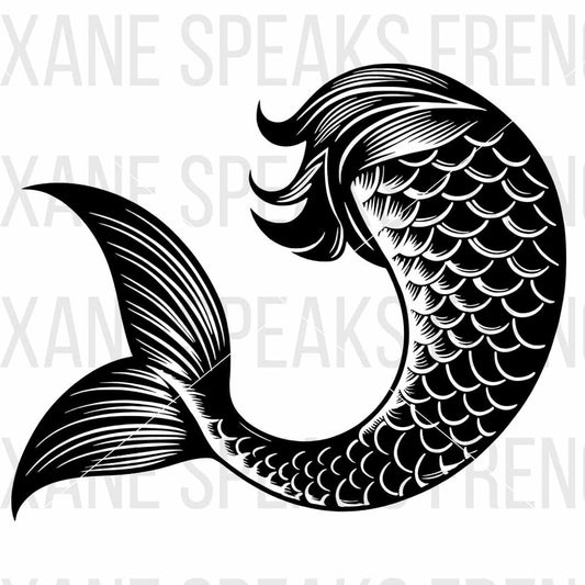 Black and white SVG illustration of an intricately detailed mermaid tail. The tail features graceful scales and flowing fins, creating an elegant and whimsical design.