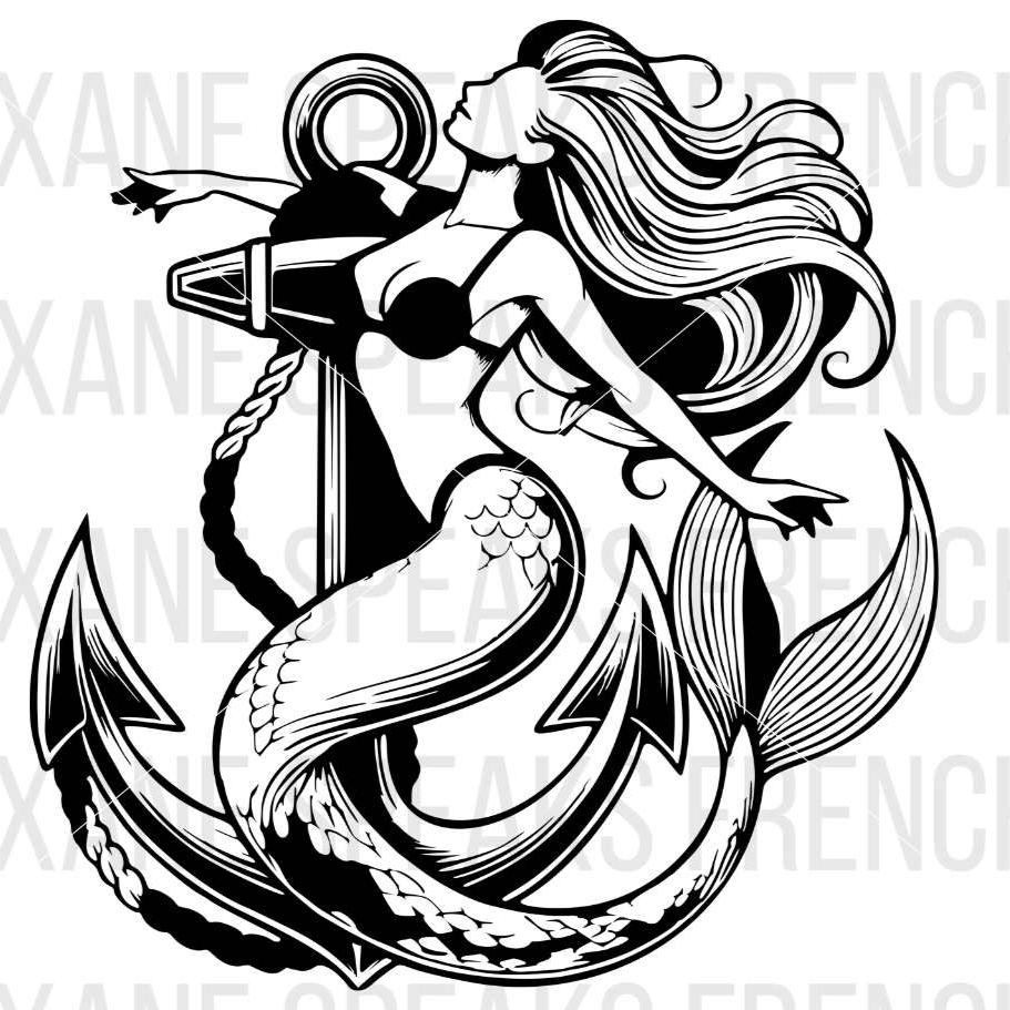 Mermaid wrapped around an anchor in a tattoo-style design, available as an SVG and PNG file for crafting, vinyl cutting, and print projects