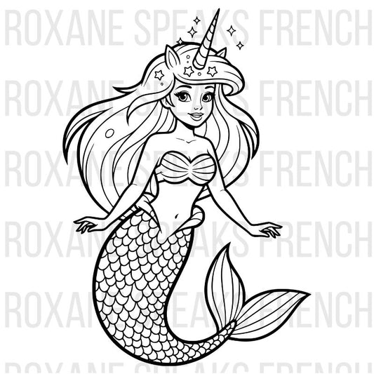 Mermaid unicorn coloring page featuring a magical mermaid with unicorn horn, flowing hair, scaled tail and sparkles - printable fantasy line art design