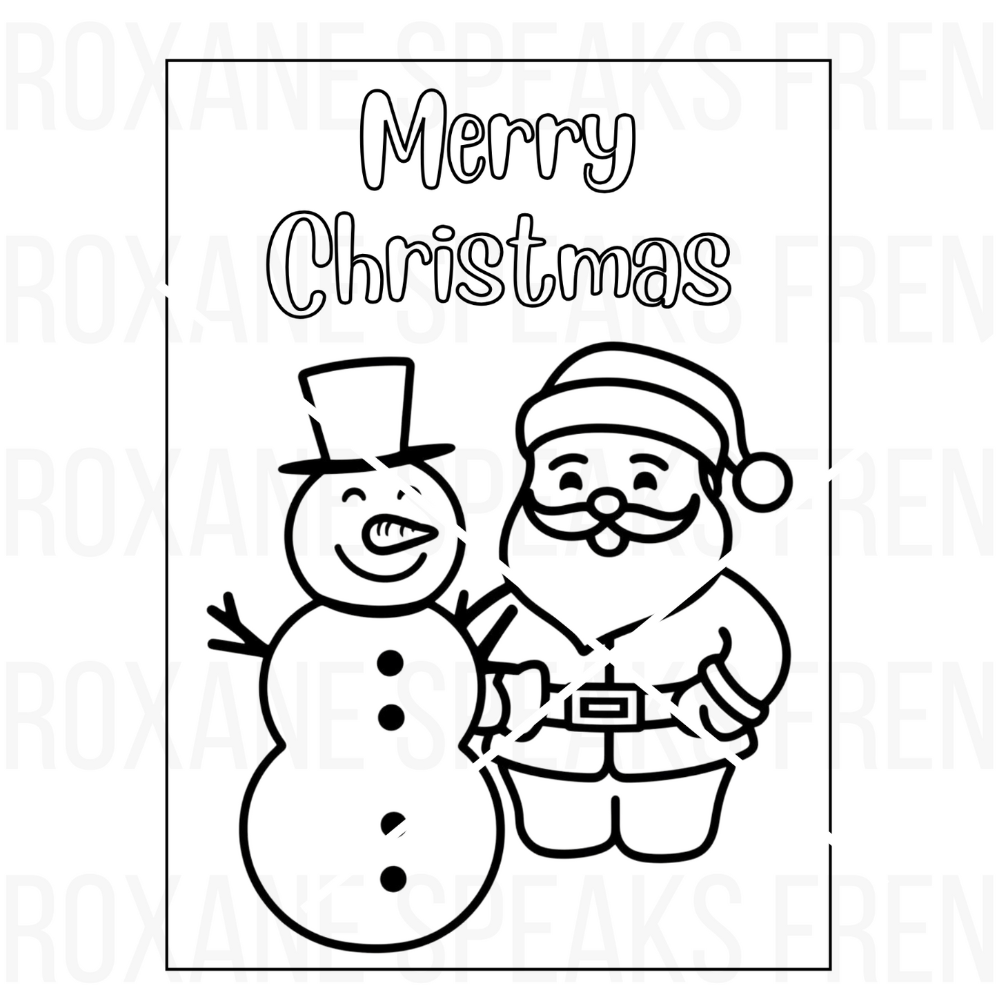 A printable Merry Christmas coloring page featuring a cheerful snowman with a carrot nose and top hat standing next to Santa Claus in a classic outfit, both outlined in bold black lines on a white background. Perfect for kids' holiday activities.