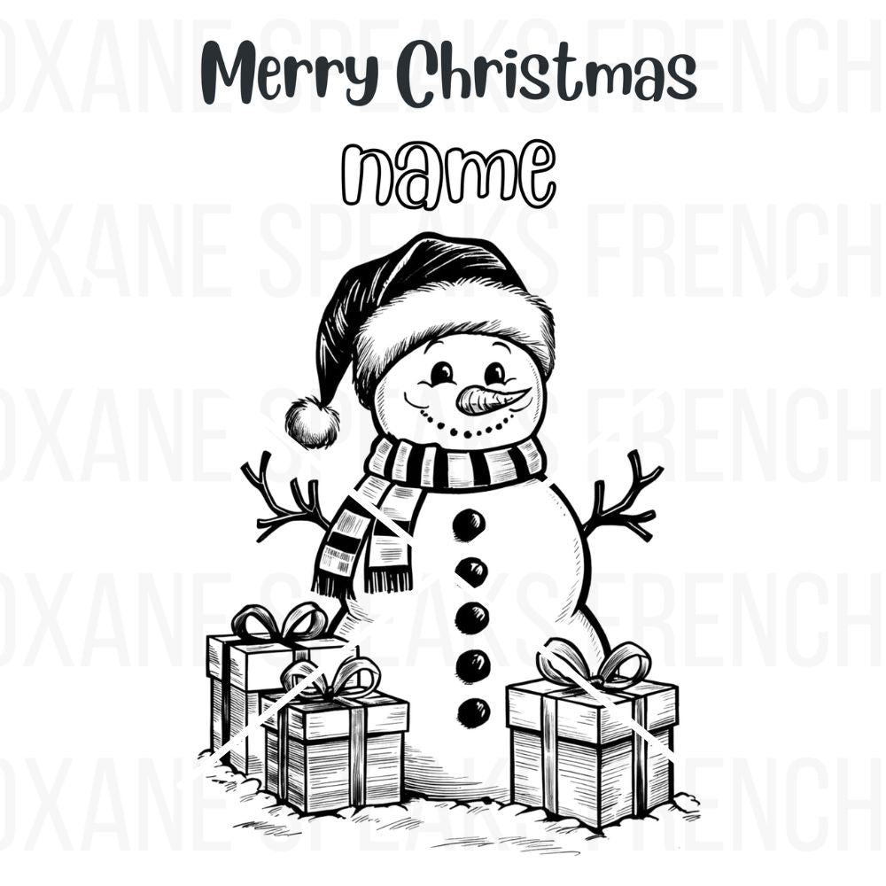 A cheerful snowman wearing a scarf and Santa hat, surrounded by presents, with a custom name and "Merry Christmas" text above.