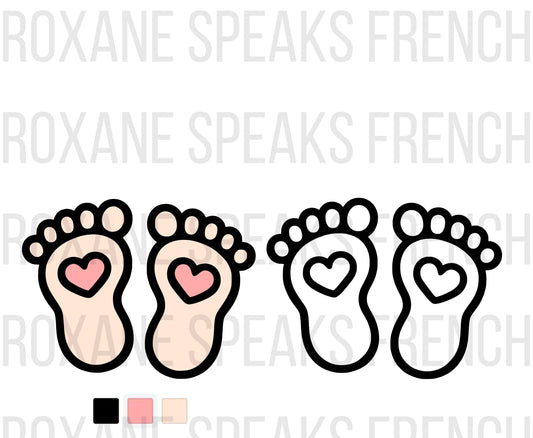 A SVG of two images of two baby footprint with a heart inside both of them. One is colored and the other one is a black outline.