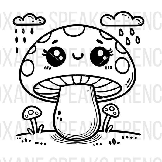 Cute mushroom SVG with expressive eyes and rainclouds, available in SVG and PNG formats for crafting and design.