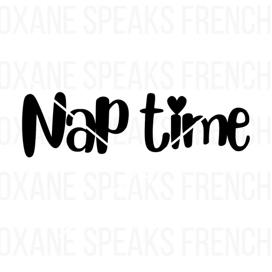 Minimalistic "Nap Time" typography design with a heart detail, perfect for SVG and PNG crafting projects like nursery decor, baby clothing, and calming-themed wall art.