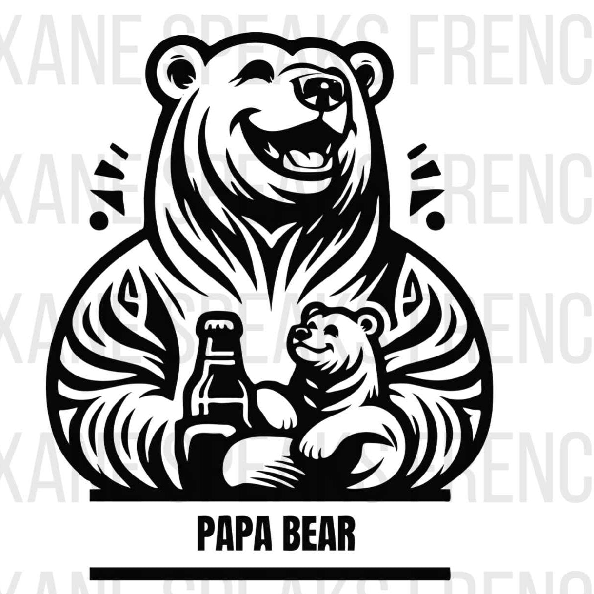  The image shows a black and white illustration of a happy bear holding a bottle and a small bear cub. Both bears have friendly expressions, and the larger bear has its arm around the cub.