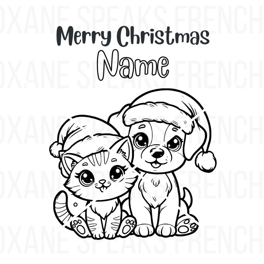 A playful kitten and puppy duo wearing Santa hats, sitting together under the "Merry Christmas" text with a custom name.