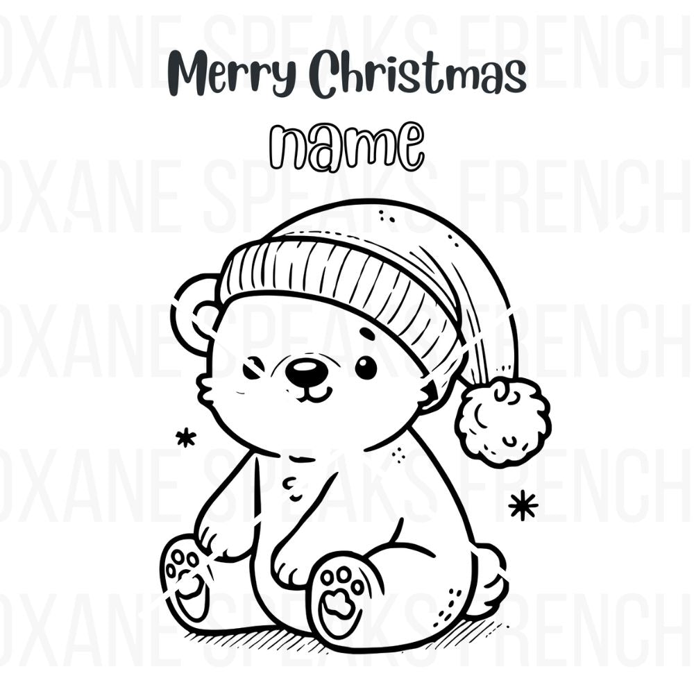 An adorable bear wearing a cozy Santa hat, sitting with "Merry Christmas" and a custom name at the top for a fun and festive coloring activity.