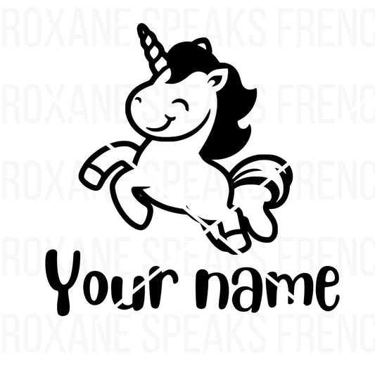 A cheerful unicorn illustration with "Your Name" below, indicating space for personalization.