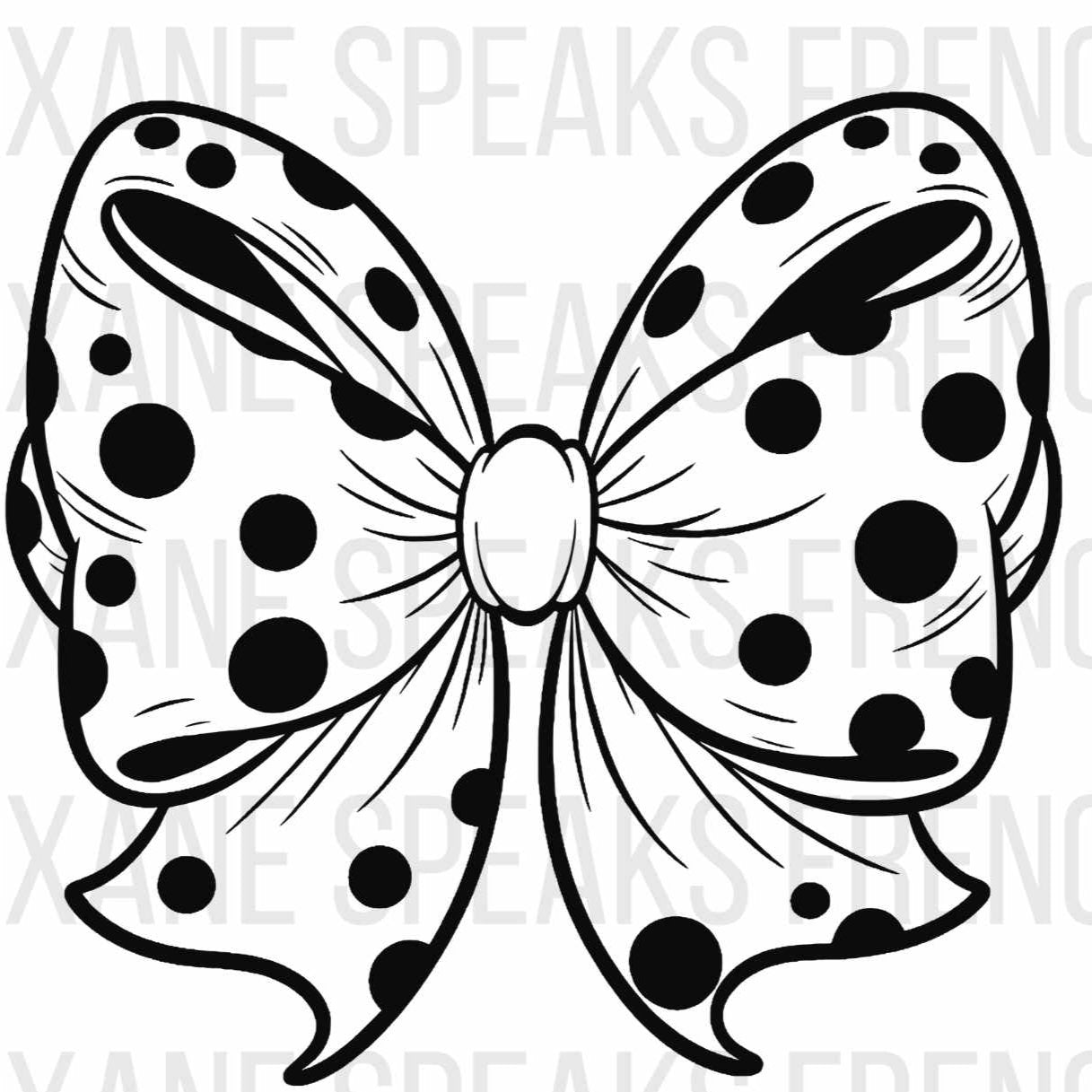 Black and white illustration of a large bow with polka dot patterns. The bow has detailed, flowing ribbon ends and is available in SVG and PNG formats