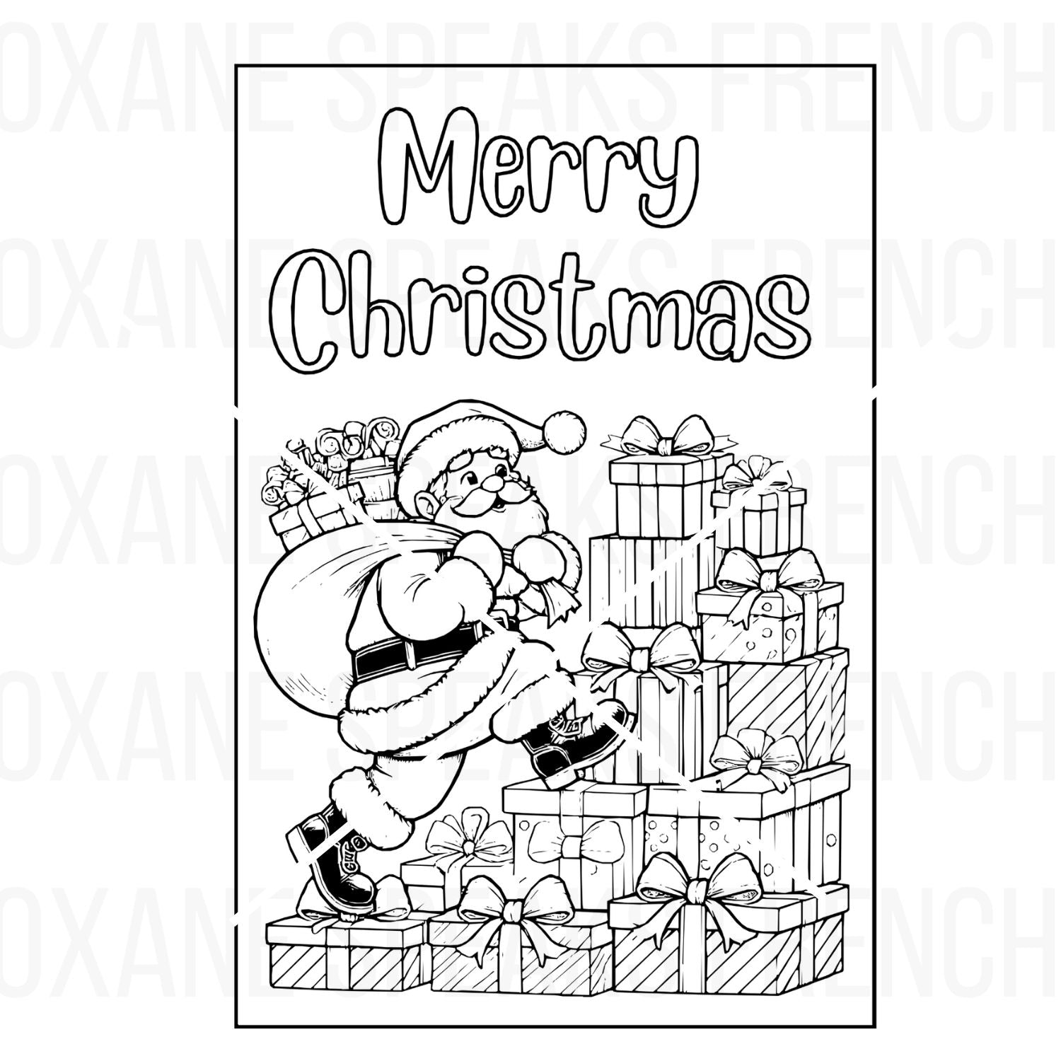 Santa Claus carrying a sack of presents climbing a staircase of gift boxes, with the text 'Merry Christmas' at the top, in a festive black-and-white coloring page design