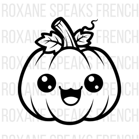 Cute pumpkin coloring page preschool featuring smiling happy pumpkin with simple leaf details and bold lines - printable line art design for young children