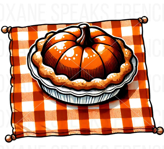 Thanksgiving Cute Fall Pumpkin Pie On Checkered Picnic Mat Clipart