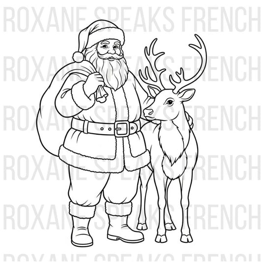 Reindeer and Santa coloring page featuring Santa Claus with reindeer companion, detailed characters, Santa outfit and belt, and festive holiday scene - printable line art