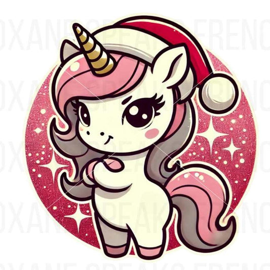 Retro-style unicorn design wearing a Santa hat, set against a glittery red background. The design is perfect for print-on-demand, featuring smooth, clean lines and a cute, playful expression, ideal for customizable project