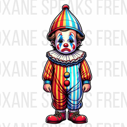  Title Sad Baby Clown Clipart - Clowncore PNG  Alt Text Colorful and detailed illustration of a sad baby clown wearing a striped outfit with a matching hat and pom-poms, available as a high-resolution PNG file.