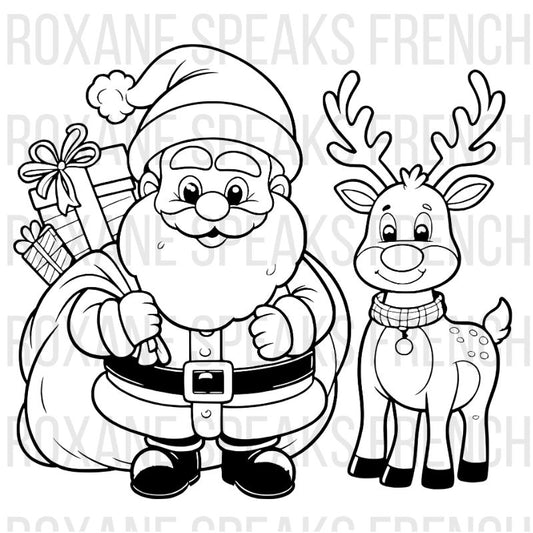 Santa and Rudolph coloring page featuring Santa Claus with gift sack and smiling reindeer with scarf and antlers - cute Christmas scene, printable line art design