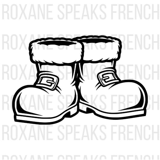 Santa boots coloring page featuring pair of festive Santa boots with fur trim, buckles, and holiday details - printable Christmas accessory line art design
