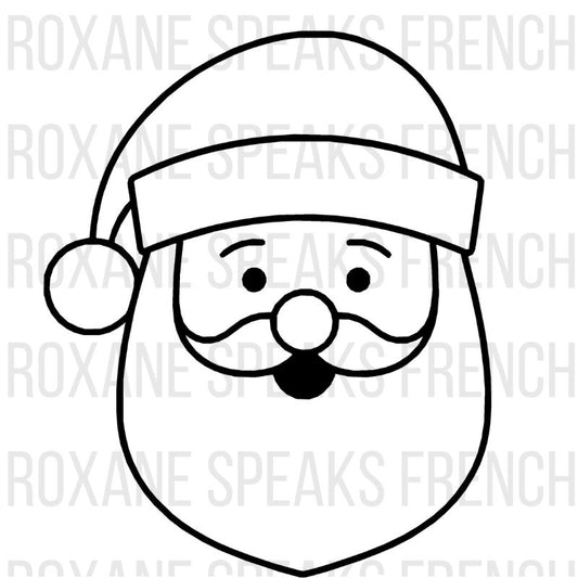 Santa face coloring page with jolly smiling Santa featuring hat, beard, nose, and cheerful expression - printable beginner-friendly character line art design