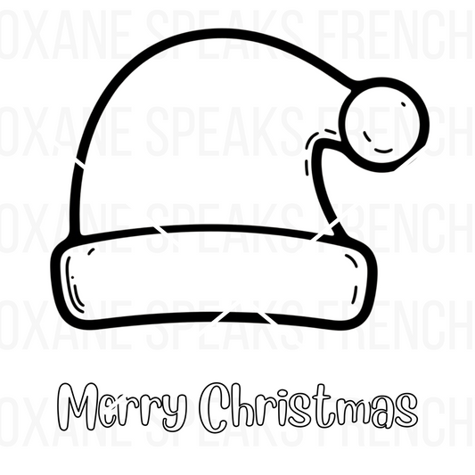 Santa hat coloring page featuring a bold, clean outline of a Christmas hat with the text "Merry Christmas," perfect for kids’ holiday coloring and festive crafts.