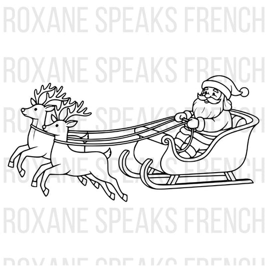 Santa in sleigh coloring page featuring Santa Claus in flying sleigh with reindeer team, jolly expression, and magical holiday scene - printable line art design