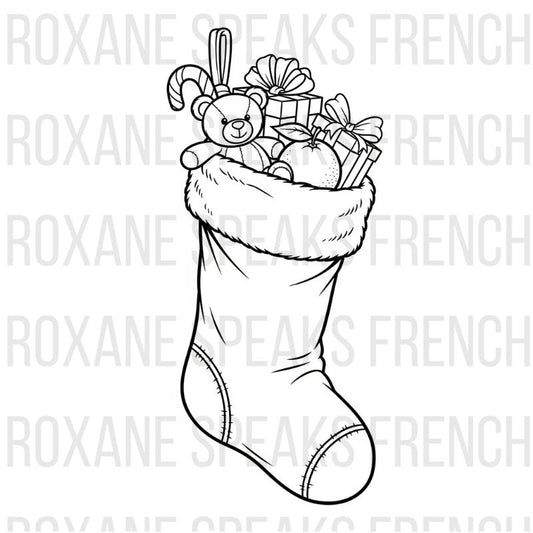 Santa stocking coloring page featuring festive Christmas stocking filled with teddy bear, candy cane, gifts, and ornaments - printable holiday line art design