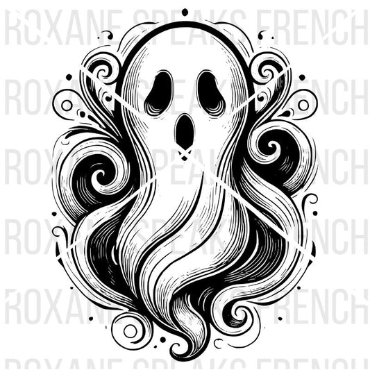 scary ghost coloring page with swirling patterns 