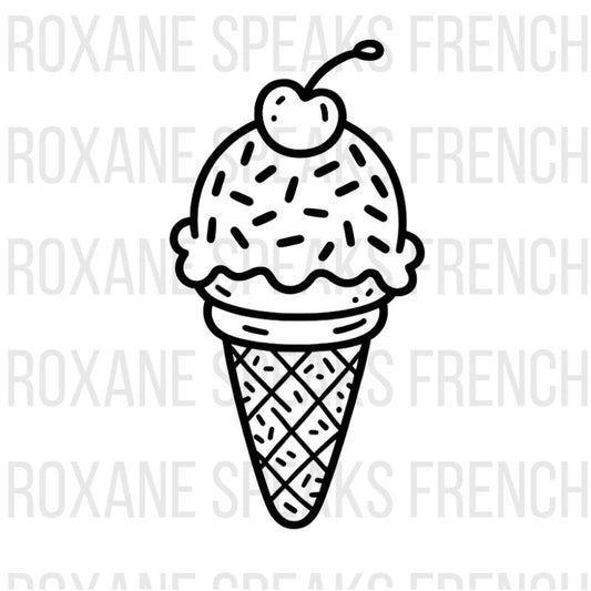 Simple ice cream coloring page featuring classic single-scoop ice cream cone with waffle cone texture details and cherry on top - printable beginner-friendly design