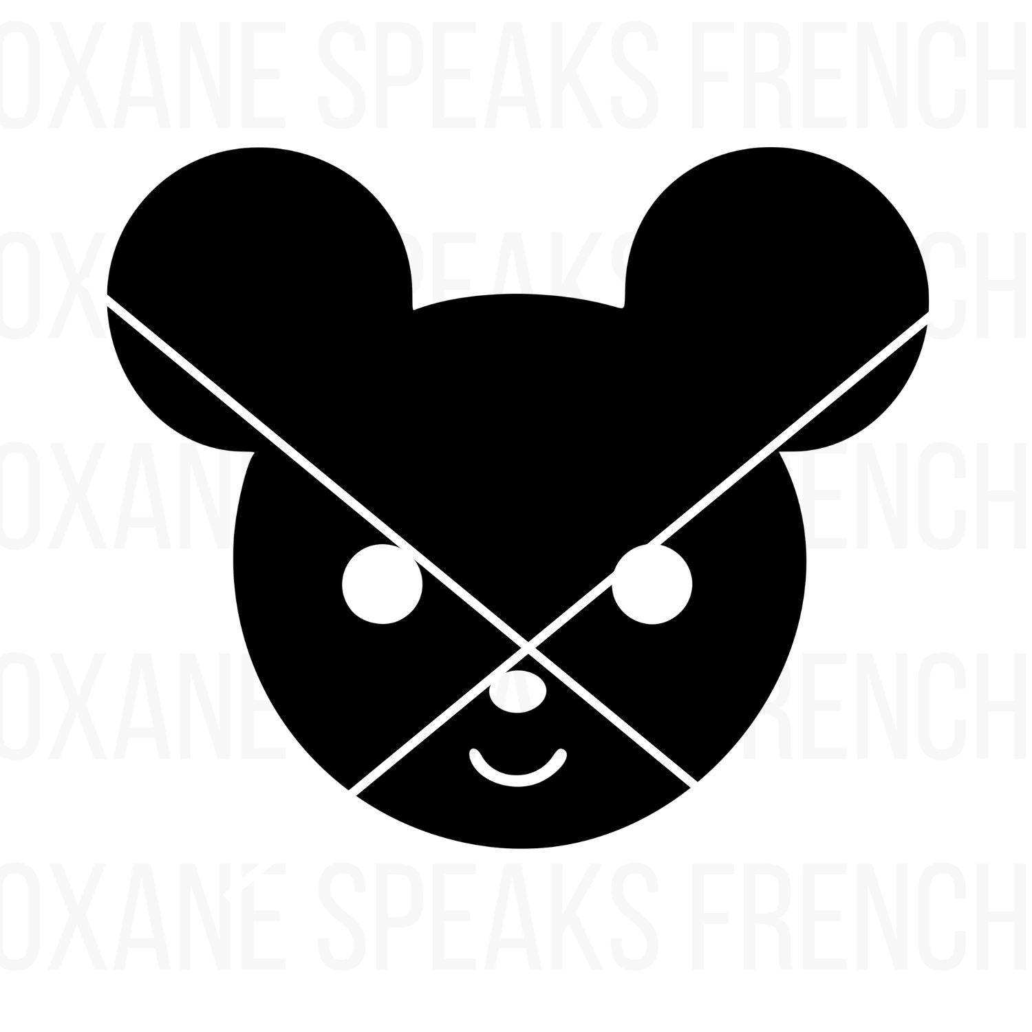 Minimalist black silhouette of a mouse head with round ears and a smiling face, perfect for SVG and PNG DIY crafting projects like kids' party decor, t-shirt designs, and wall art.