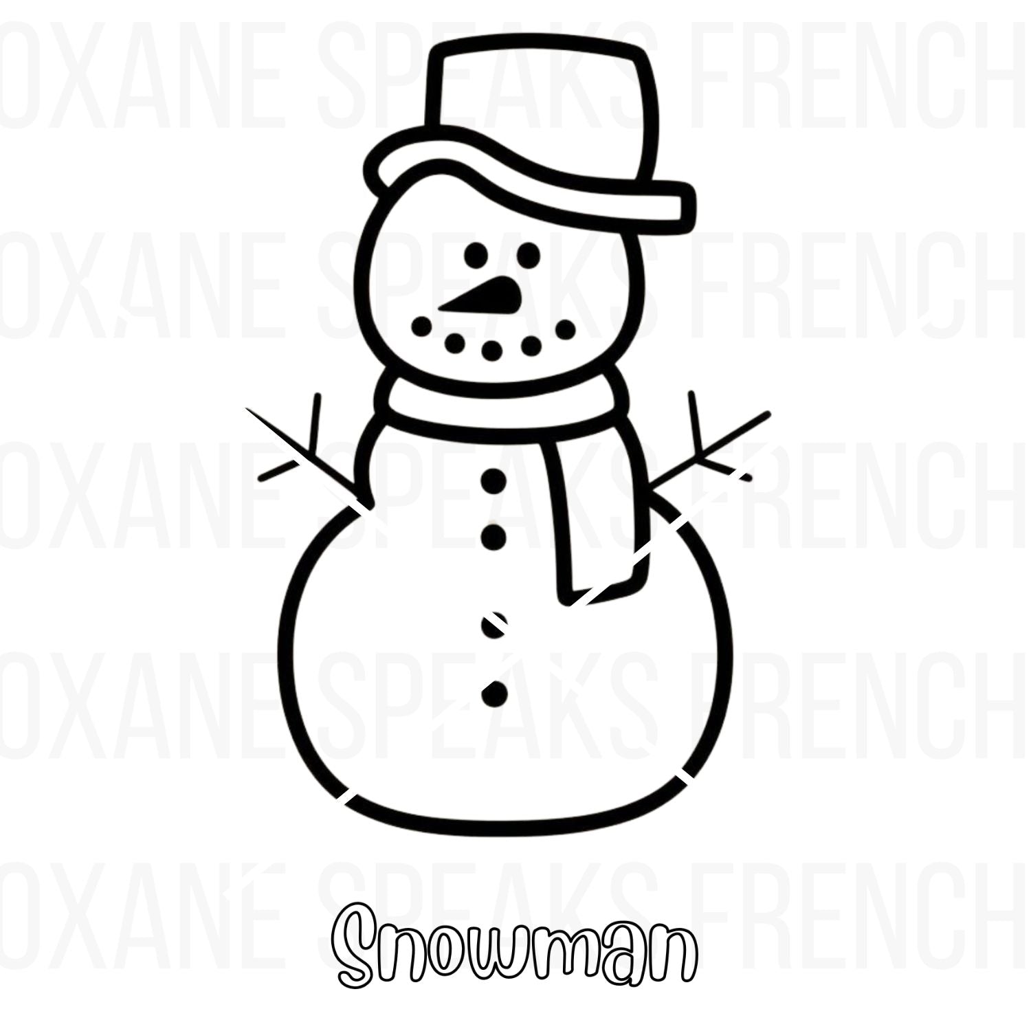 Simple snowman coloring page featuring a classic snowman with a top hat, scarf, and bold outlines, perfect for kids’ holiday coloring and crafts.